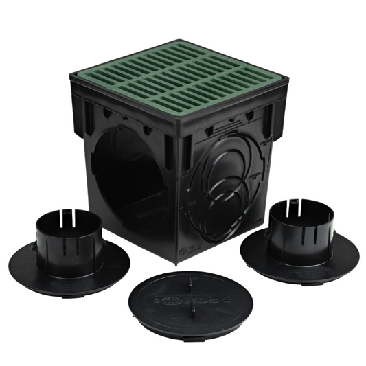 NDS Cuenca de captura pluvial de 12 pulg x 12 pulg con dos salidas, incluye rejilla, adaptadores y 1 tapon