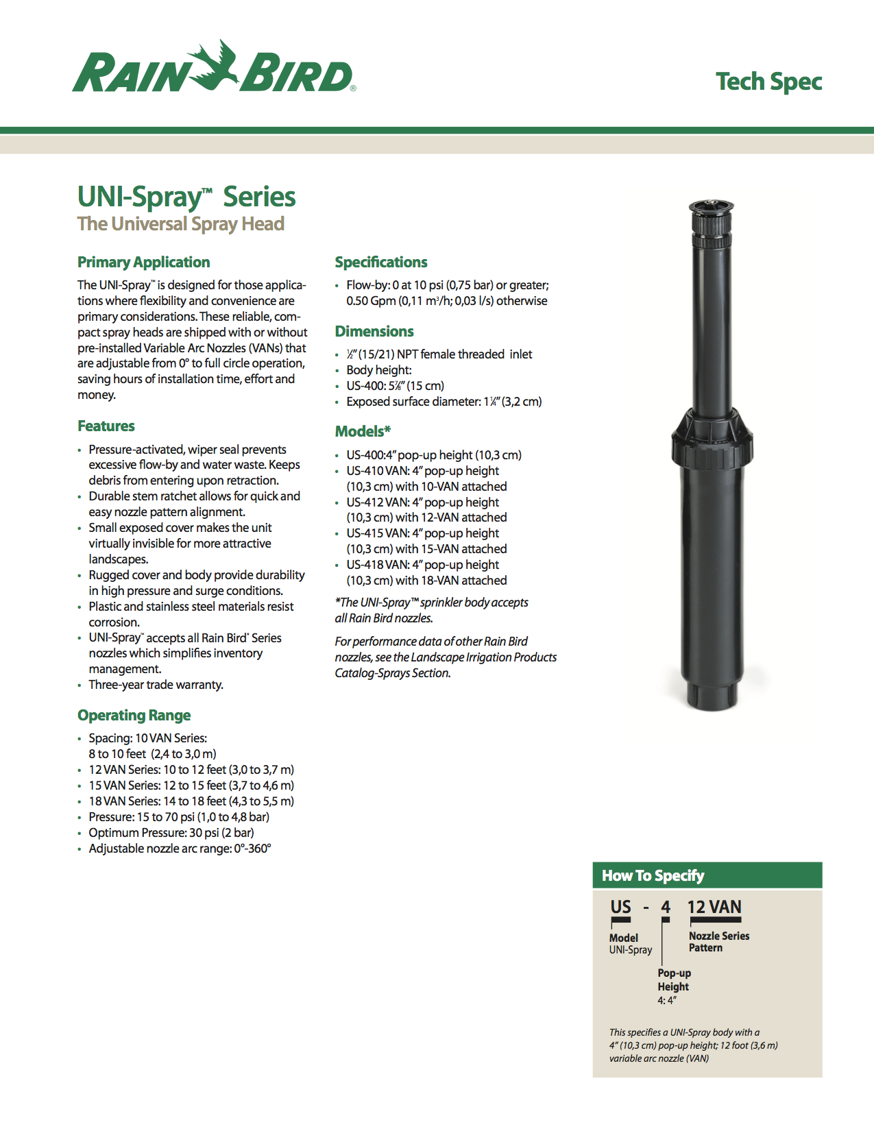 Aspersor Rociador Rain Bird Con Boquilla VAN UNI-SPRAY